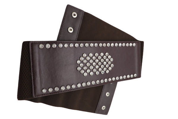 Brand New Women Dark Brown Elastic Wide Belt Hip High Waist Silver Bling Shield Size M L