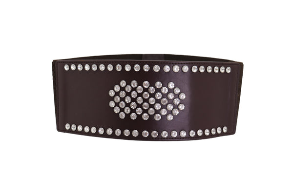 Brand New Women Dark Brown Elastic Wide Belt Hip High Waist Silver Bling Shield Size M L