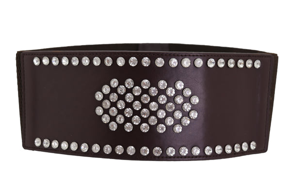 Brand New Women Dark Brown Elastic Wide Belt Hip High Waist Silver Bling Shield Size M L