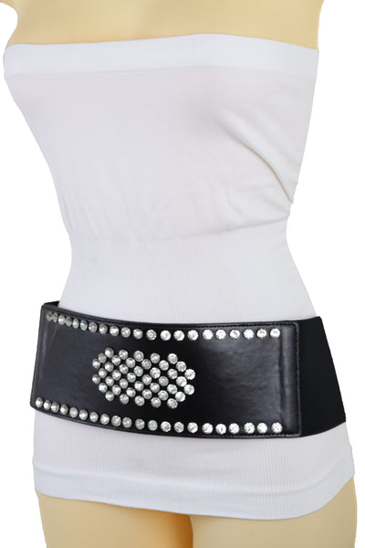 Brand New Women Dark Brown Elastic Wide Belt Hip High Waist Silver Bling Shield Size M L