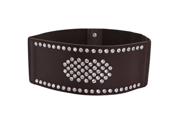 Brand New Women Dark Brown Elastic Wide Belt Hip High Waist Silver Bling Shield Size M L