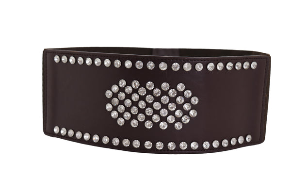 Brand New Women Dark Brown Elastic Wide Belt Hip High Waist Silver Bling Shield Size M L