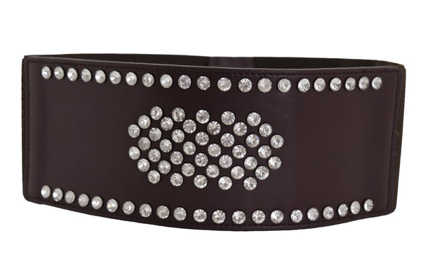 Brand New Women Dark Brown Elastic Wide Belt Hip High Waist Silver Bling Shield Size M L