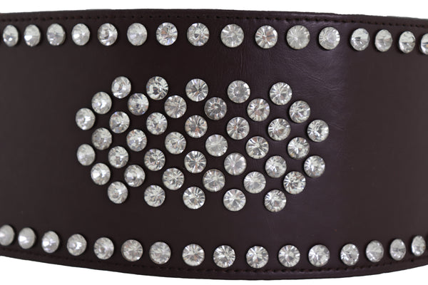 Brand New Women Dark Brown Elastic Wide Belt Hip High Waist Silver Bling Shield Size M L