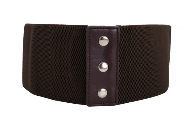 Brand New Women Dark Brown Elastic Wide Belt Hip High Waist Silver Bling Shield Size M L