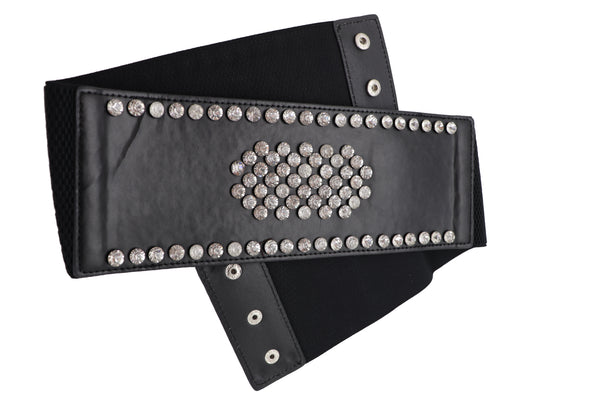 Brand New Women Black Color Elastic Wide Band Fashion Belt Silver Bling Shield Size M L