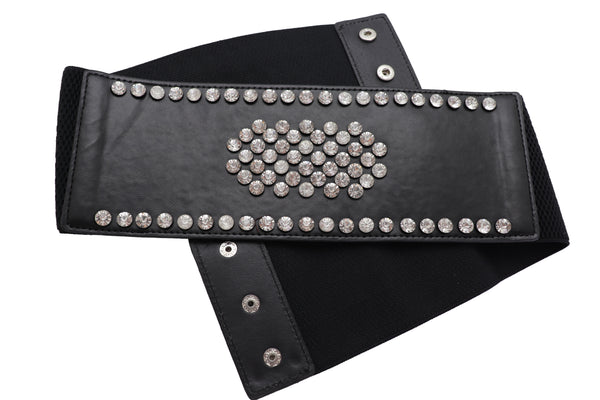 Brand New Women Black Color Elastic Wide Band Fashion Belt Silver Bling Shield Size M L
