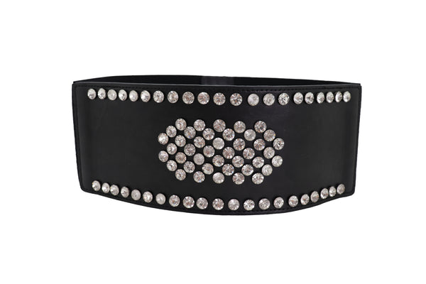 Brand New Women Black Color Elastic Wide Band Fashion Belt Silver Bling Shield Size M L