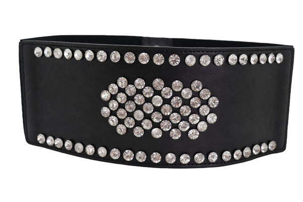 Brand New Women Black Color Elastic Wide Band Fashion Belt Silver Bling Shield Size M L