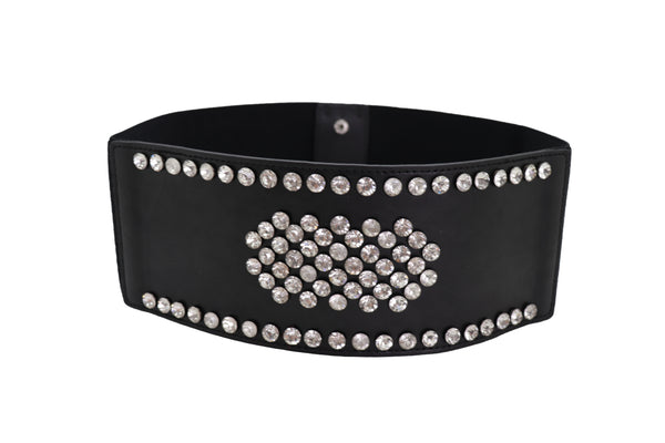 Brand New Women Black Color Elastic Wide Band Fashion Belt Silver Bling Shield Size M L