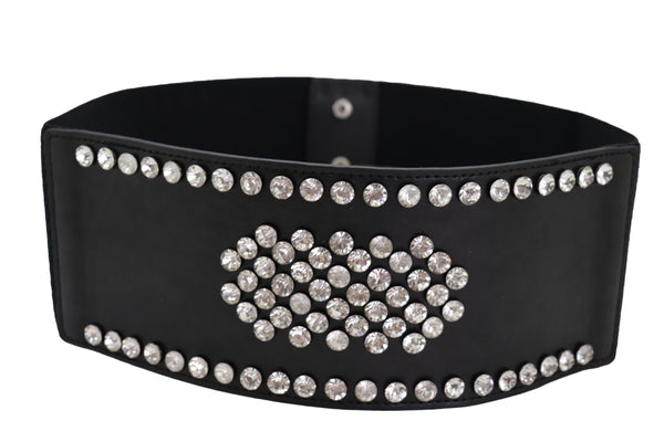 Brand New Women Black Color Elastic Wide Band Fashion Belt Silver Bling Shield Size M L