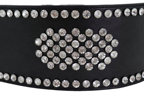 Brand New Women Black Color Elastic Wide Band Fashion Belt Silver Bling Shield Size M L
