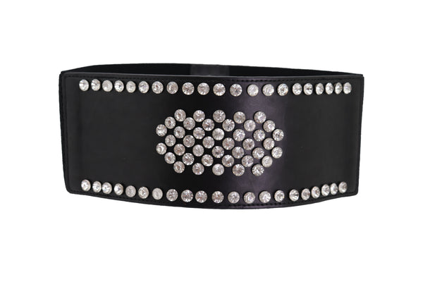 Brand New Women Black Color Elastic Wide Band Fashion Belt Silver Bling Shield Size M L