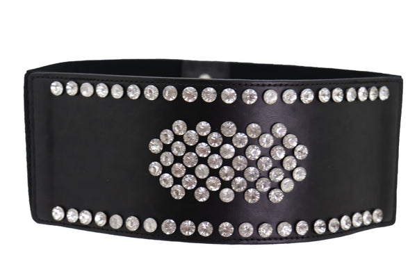 Brand New Women Black Color Elastic Wide Band Fashion Belt Silver Bling Shield Size M L