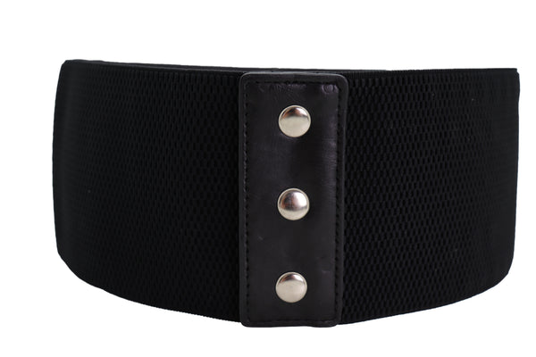 Brand New Women Black Color Elastic Wide Band Fashion Belt Silver Bling Shield Size M L