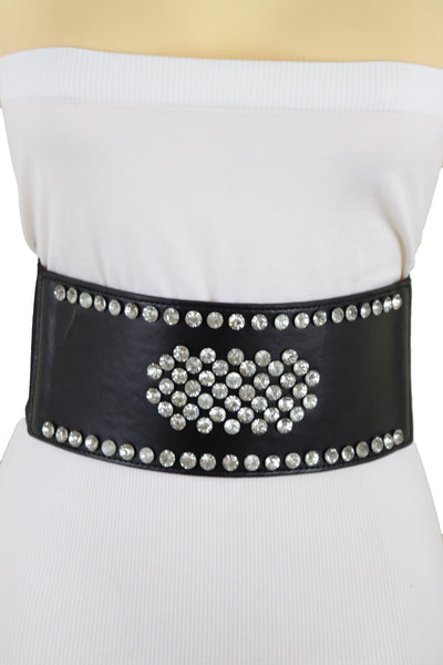Brand New Women Black Color Elastic Wide Band Fashion Belt Silver Bling Shield Size M L