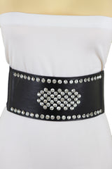 Black Color Elastic Wide Band Fashion Belt Silver Bling Shield Size M L
