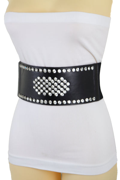 Brand New Women Black Color Elastic Wide Band Fashion Belt Silver Bling Shield Size M L