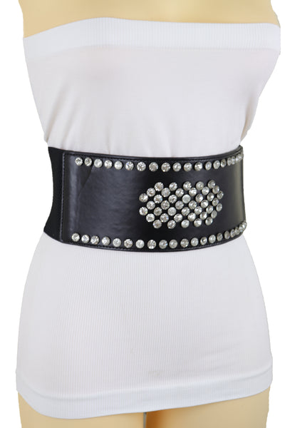Brand New Women Black Color Elastic Wide Band Fashion Belt Silver Bling Shield Size M L