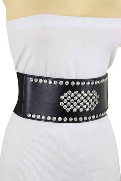 Brand New Women Black Color Elastic Wide Band Fashion Belt Silver Bling Shield Size M L
