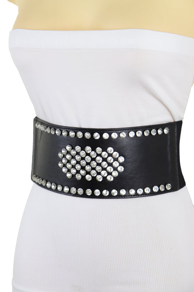 Brand New Women Black Color Elastic Wide Band Fashion Belt Silver Bling Shield Size M L