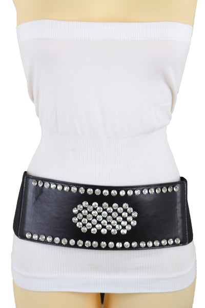 Brand New Women Black Color Elastic Wide Band Fashion Belt Silver Bling Shield Size M L