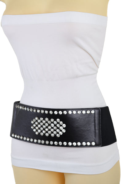 Brand New Women Black Color Elastic Wide Band Fashion Belt Silver Bling Shield Size M L