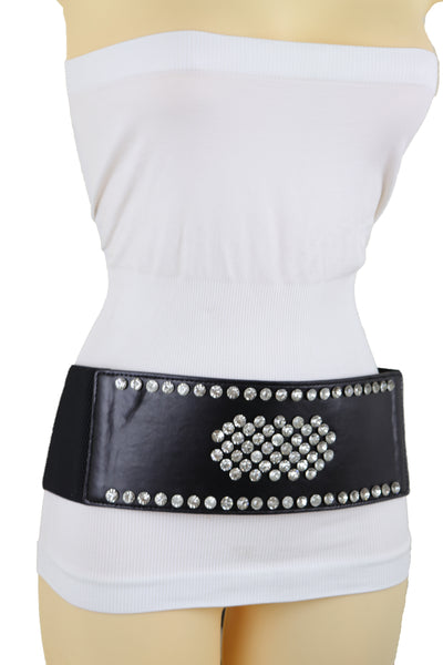 Brand New Women Black Color Elastic Wide Band Fashion Belt Silver Bling Shield Size M L