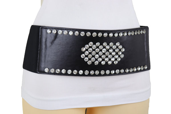 Brand New Women Black Color Elastic Wide Band Fashion Belt Silver Bling Shield Size M L