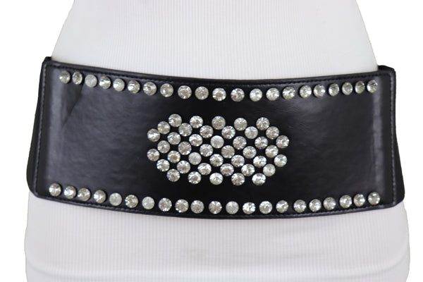 Brand New Women Black Color Elastic Wide Band Fashion Belt Silver Bling Shield Size M L