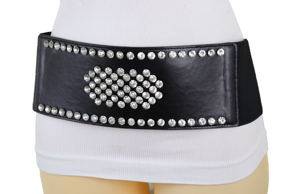 Brand New Women Black Color Elastic Wide Band Fashion Belt Silver Bling Shield Size M L