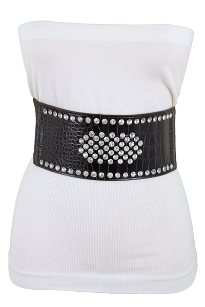 Brand New Women Dark Brown Faux Leather Elastic Wide Band Belt Silver Bling Shield Fit M L