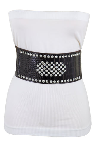 Brand New Women Dark Brown Faux Leather Elastic Wide Band Belt Silver Bling Shield Fit M L