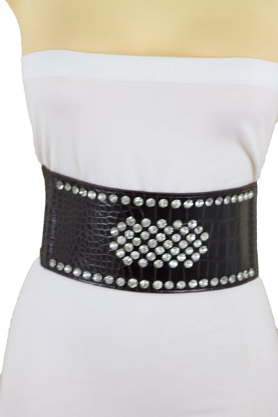 Brand New Women Dark Brown Faux Leather Elastic Wide Band Belt Silver Bling Shield Fit M L
