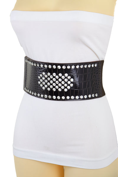 Brand New Women Dark Brown Faux Leather Elastic Wide Band Belt Silver Bling Shield Fit M L