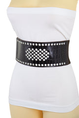 Dark Brown Faux Leather Elastic Wide Band Belt Silver Bling Shield Fit M L