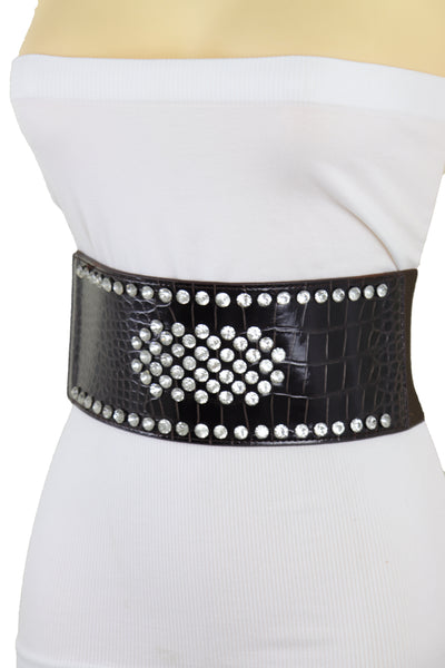 Brand New Women Dark Brown Faux Leather Elastic Wide Band Belt Silver Bling Shield Fit M L