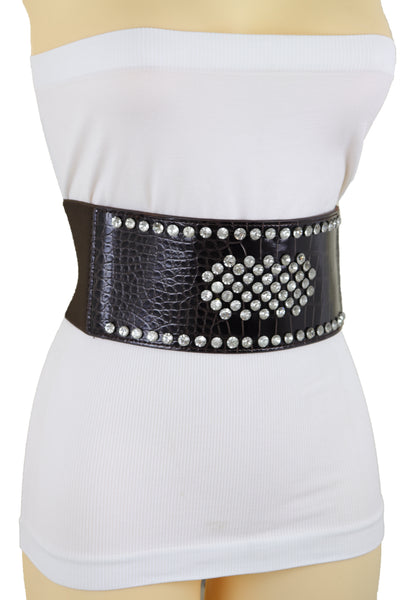 Brand New Women Dark Brown Faux Leather Elastic Wide Band Belt Silver Bling Shield Fit M L