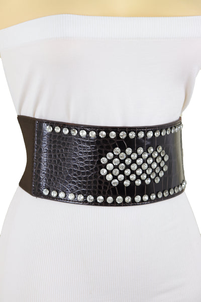 Brand New Women Dark Brown Faux Leather Elastic Wide Band Belt Silver Bling Shield Fit M L