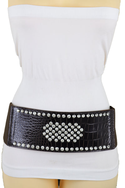 Brand New Women Dark Brown Faux Leather Elastic Wide Band Belt Silver Bling Shield Fit M L