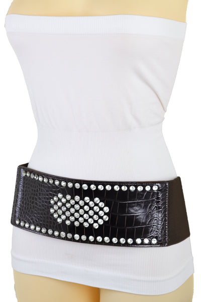 Brand New Women Dark Brown Faux Leather Elastic Wide Band Belt Silver Bling Shield Fit M L