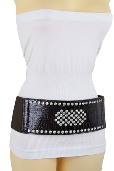 Brand New Women Dark Brown Faux Leather Elastic Wide Band Belt Silver Bling Shield Fit M L