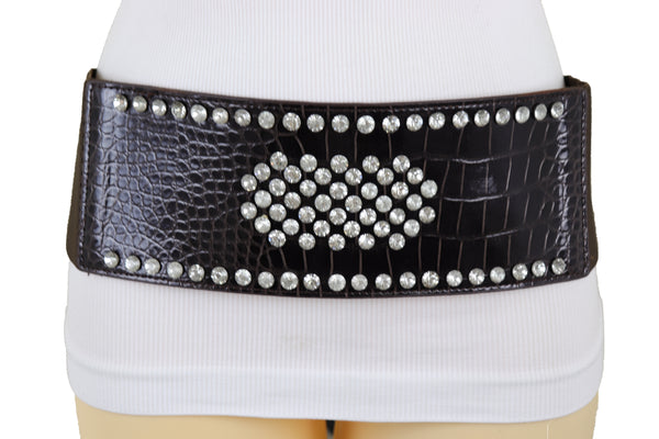 Brand New Women Dark Brown Faux Leather Elastic Wide Band Belt Silver Bling Shield Fit M L