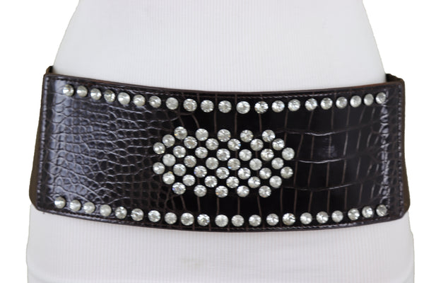 Brand New Women Dark Brown Faux Leather Elastic Wide Band Belt Silver Bling Shield Fit M L