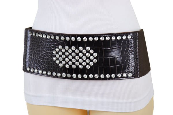 Brand New Women Dark Brown Faux Leather Elastic Wide Band Belt Silver Bling Shield Fit M L