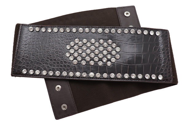 Brand New Women Dark Brown Faux Leather Elastic Wide Band Belt Silver Bling Shield Fit M L