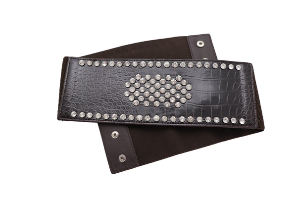 Brand New Women Dark Brown Faux Leather Elastic Wide Band Belt Silver Bling Shield Fit M L