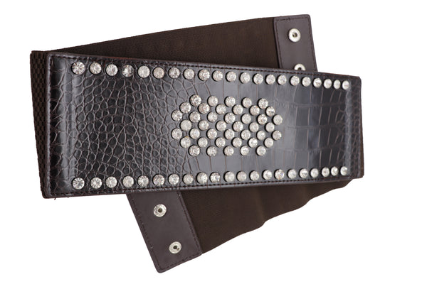 Brand New Women Dark Brown Faux Leather Elastic Wide Band Belt Silver Bling Shield Fit M L