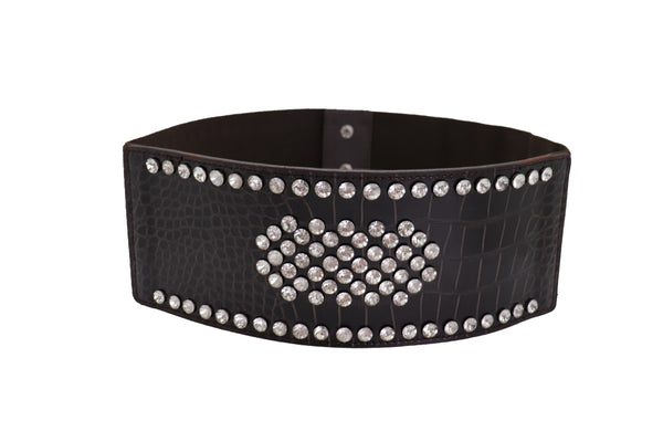 Brand New Women Dark Brown Faux Leather Elastic Wide Band Belt Silver Bling Shield Fit M L