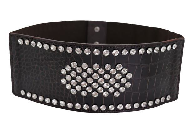 Brand New Women Dark Brown Faux Leather Elastic Wide Band Belt Silver Bling Shield Fit M L